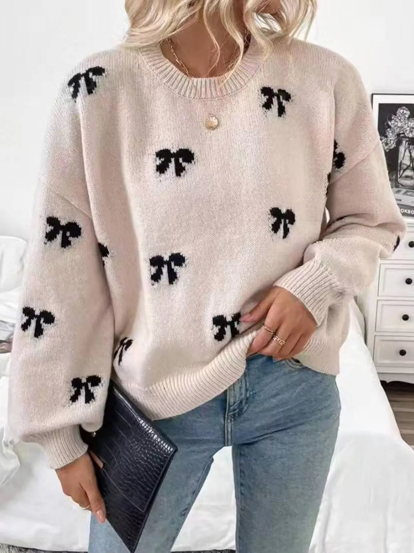 Bow Round Neck Dropped Shoulder Sweater
