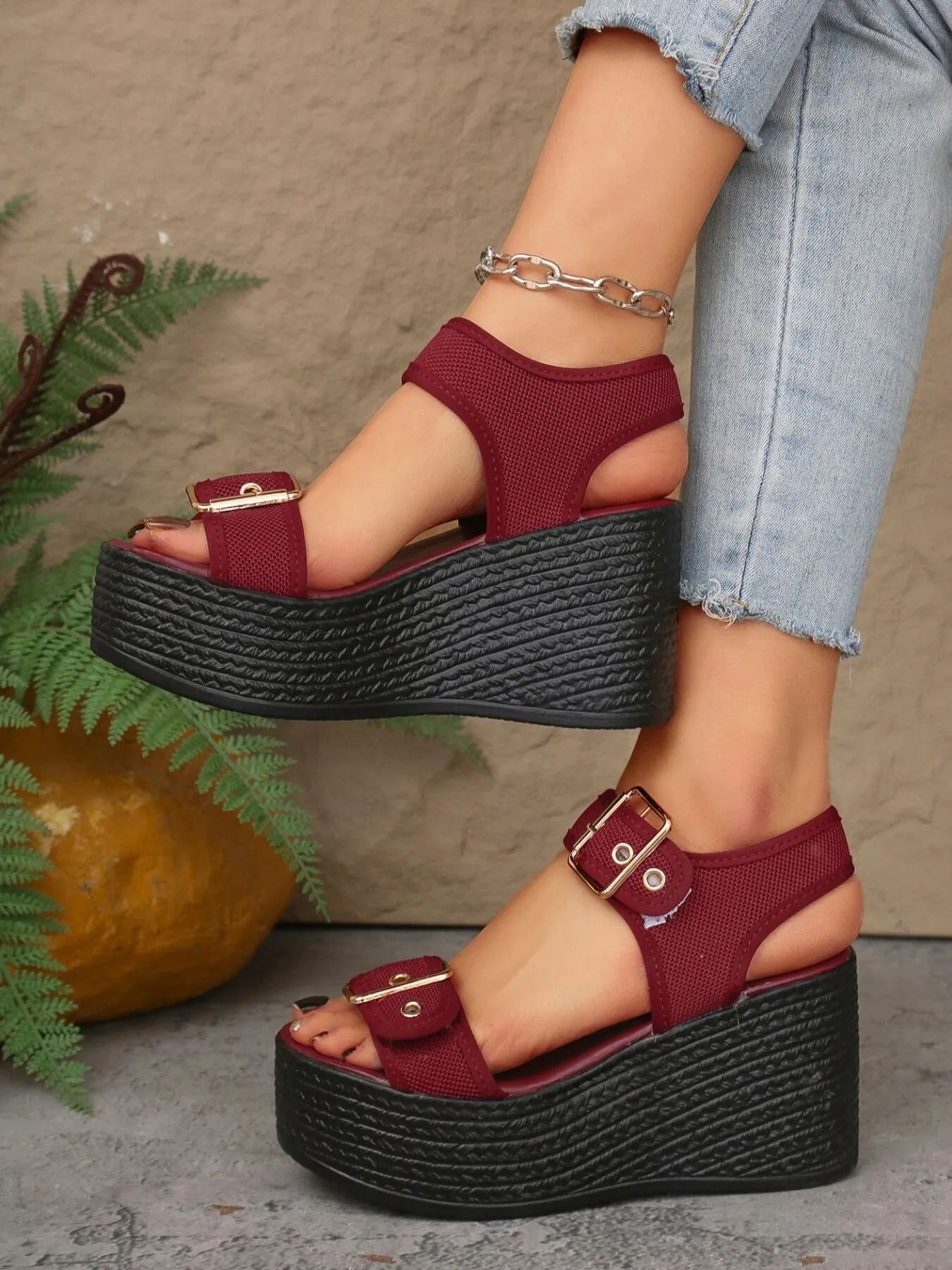 Buckled Platform Espadrille Wedge Sandals