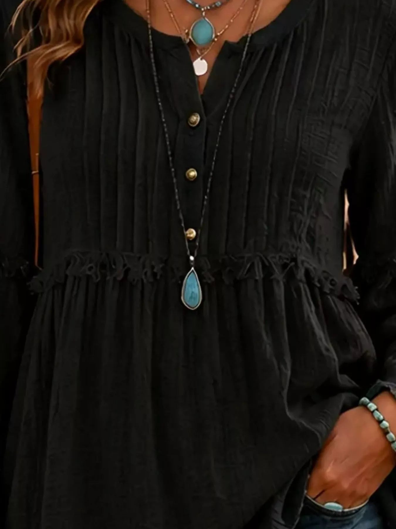 Full Size Frill Notched Long Sleeve Blouse Plus Size