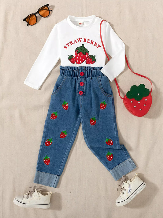Children's Strawberry Long Sleeve Top and Jeans Set