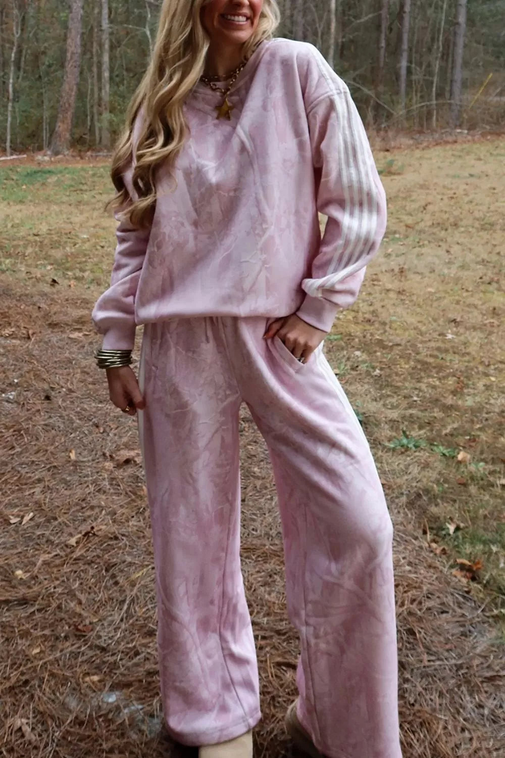 Abstract Print Side Stripe Detail Long Sleeve Top Loose Pants Set