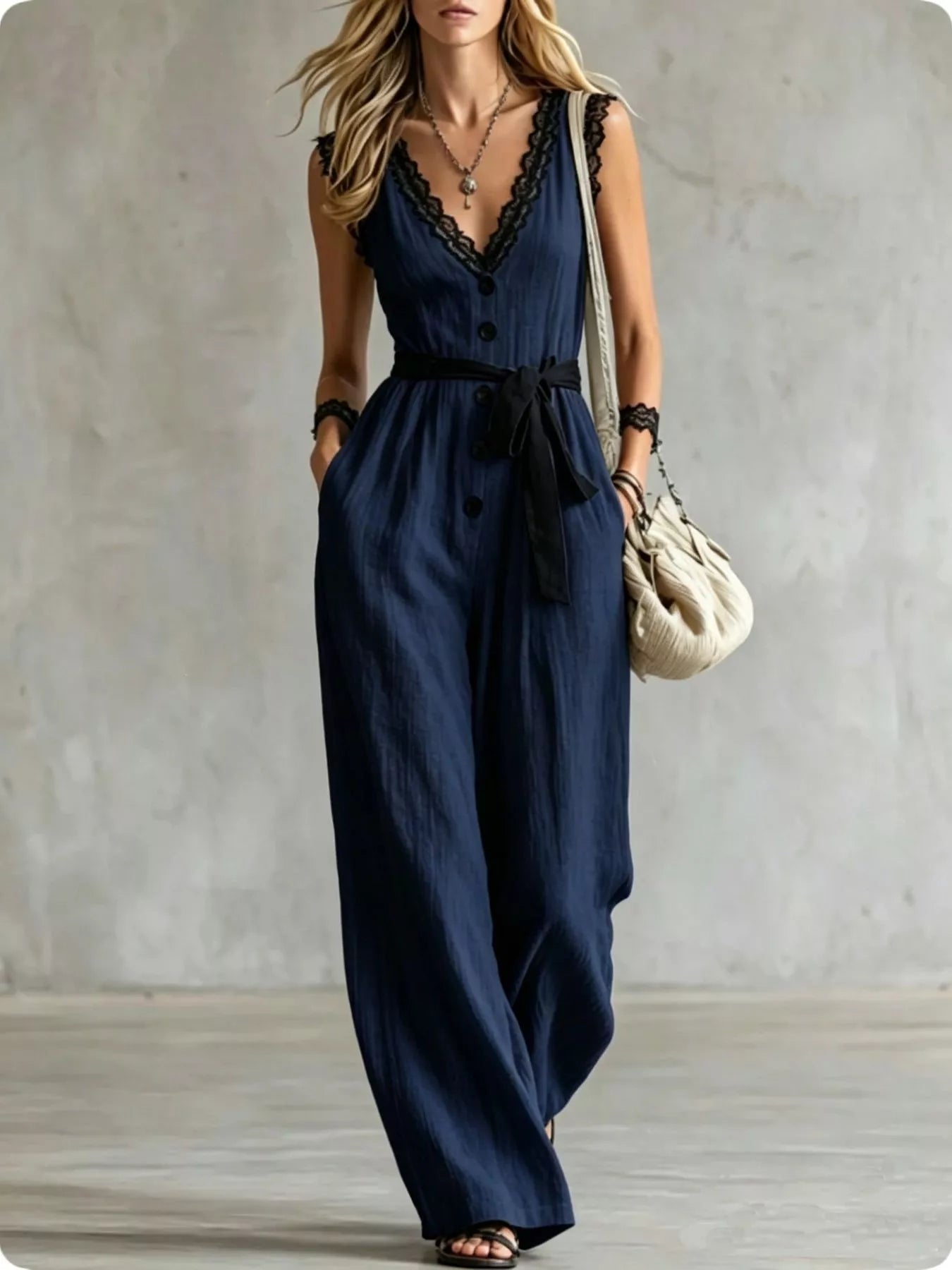 Lace Detail V-Neck Sleeveless Jumpsuit