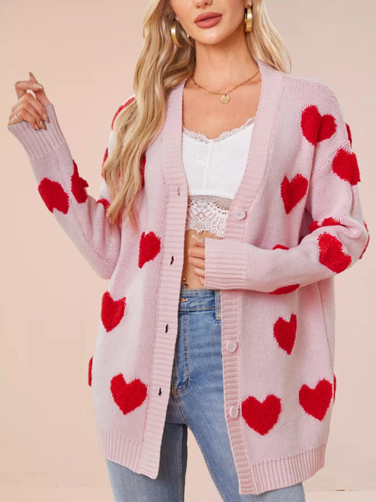 Heart Pattern Knit Button-Up Cardigan
