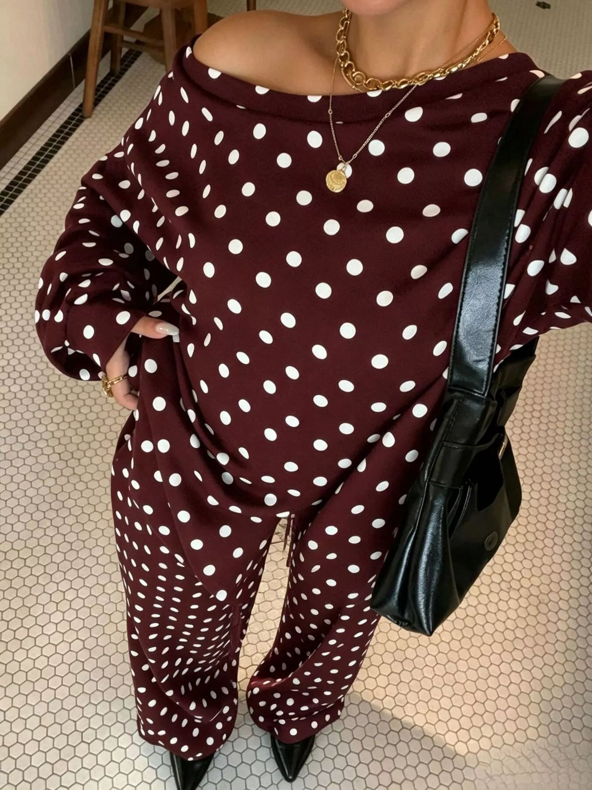 Polka Dot Boat Neck Top and Pants Set