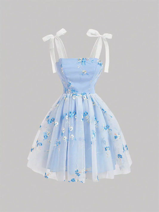 Floral Embroidered Tie Shoulder Dress