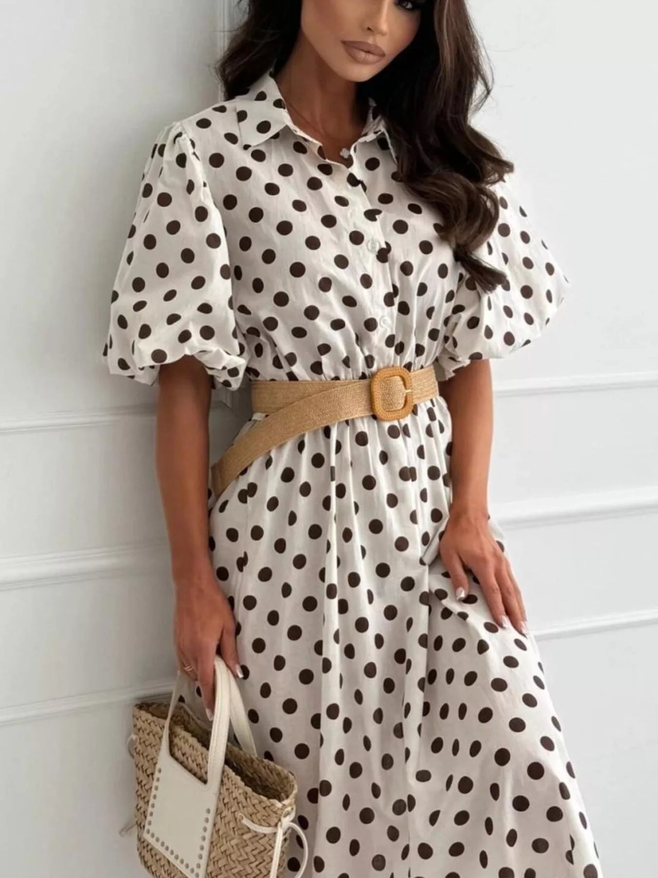 Polka Dot Puff Sleeve Midi Dress