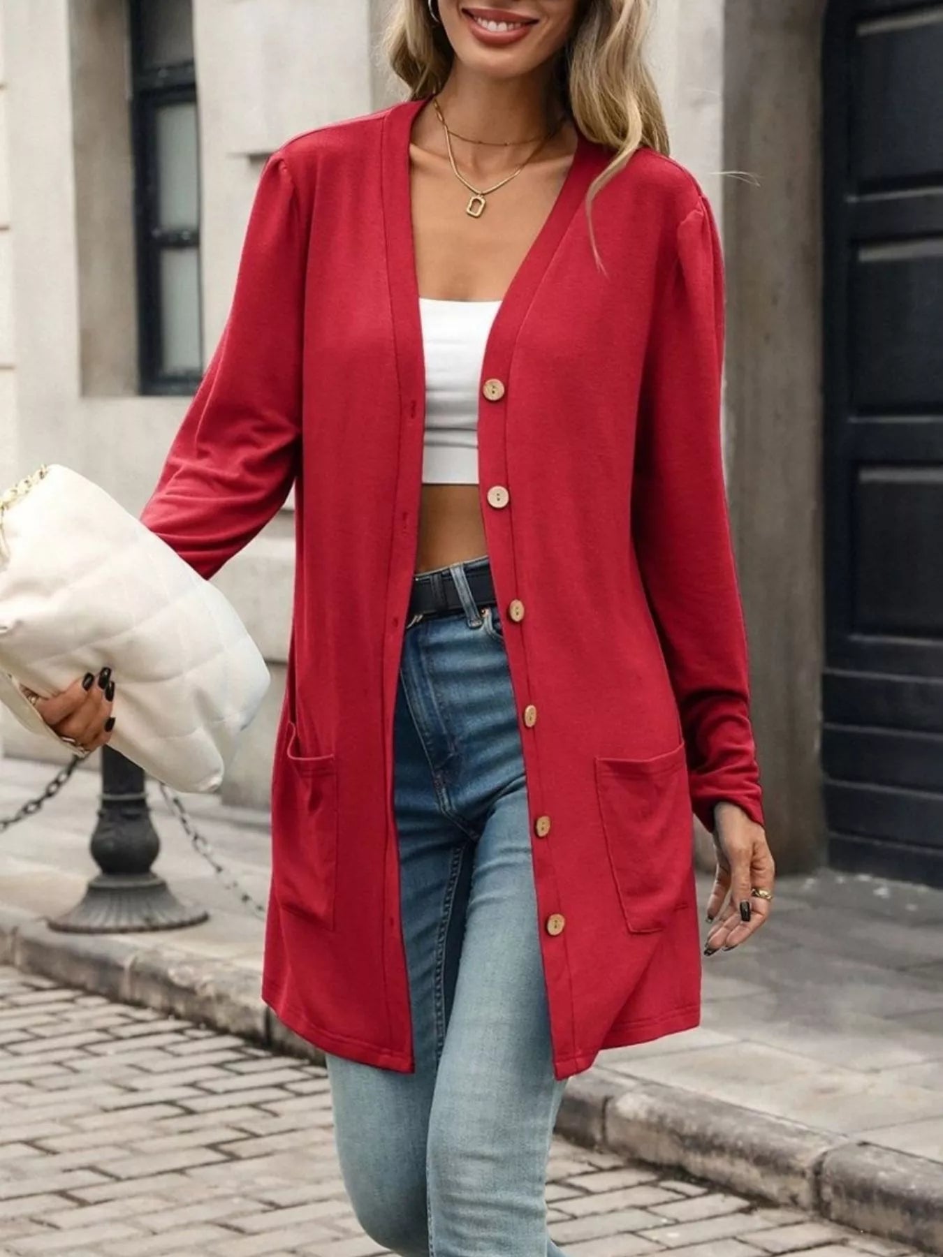 V-Neck Button-Up Long Sleeve Cardigan with Pockets