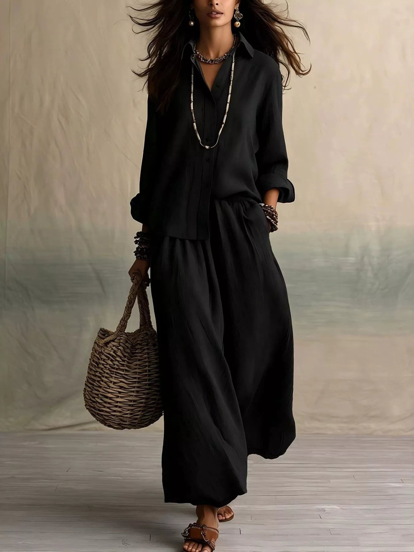 Full Size Button Up Shirt and Wide-Leg Pants Set Plus Size