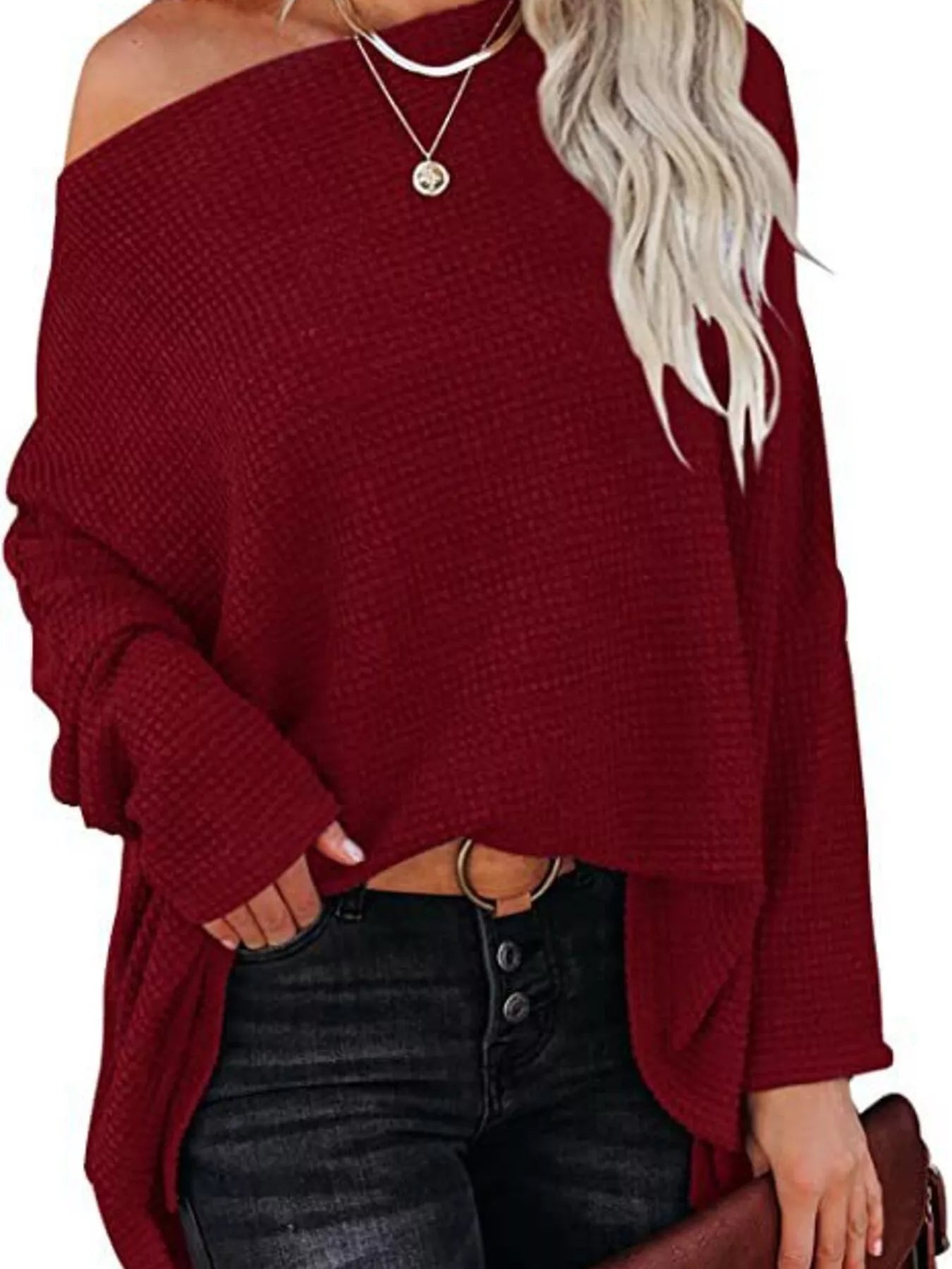 Boat Neck Waffle Knit Top