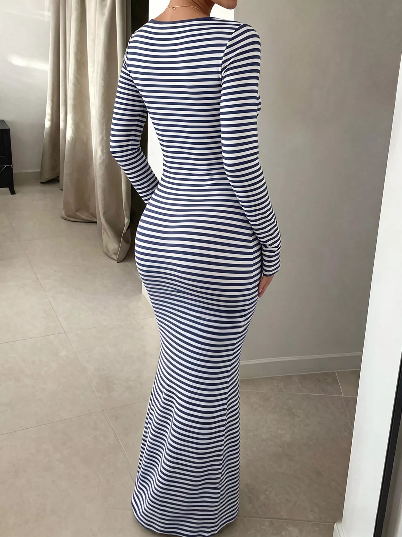 Striped Long Sleeve Square Neck Maxi Dress