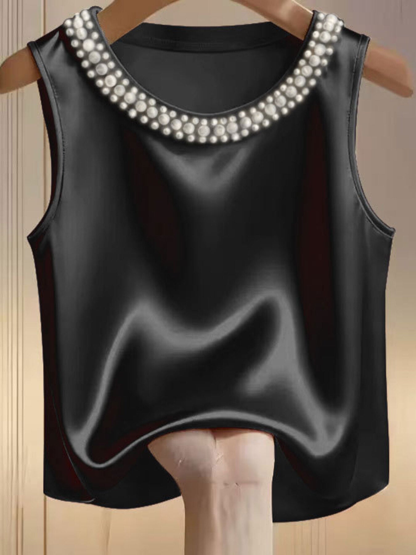 Pearl Embellished Satin Tank Top