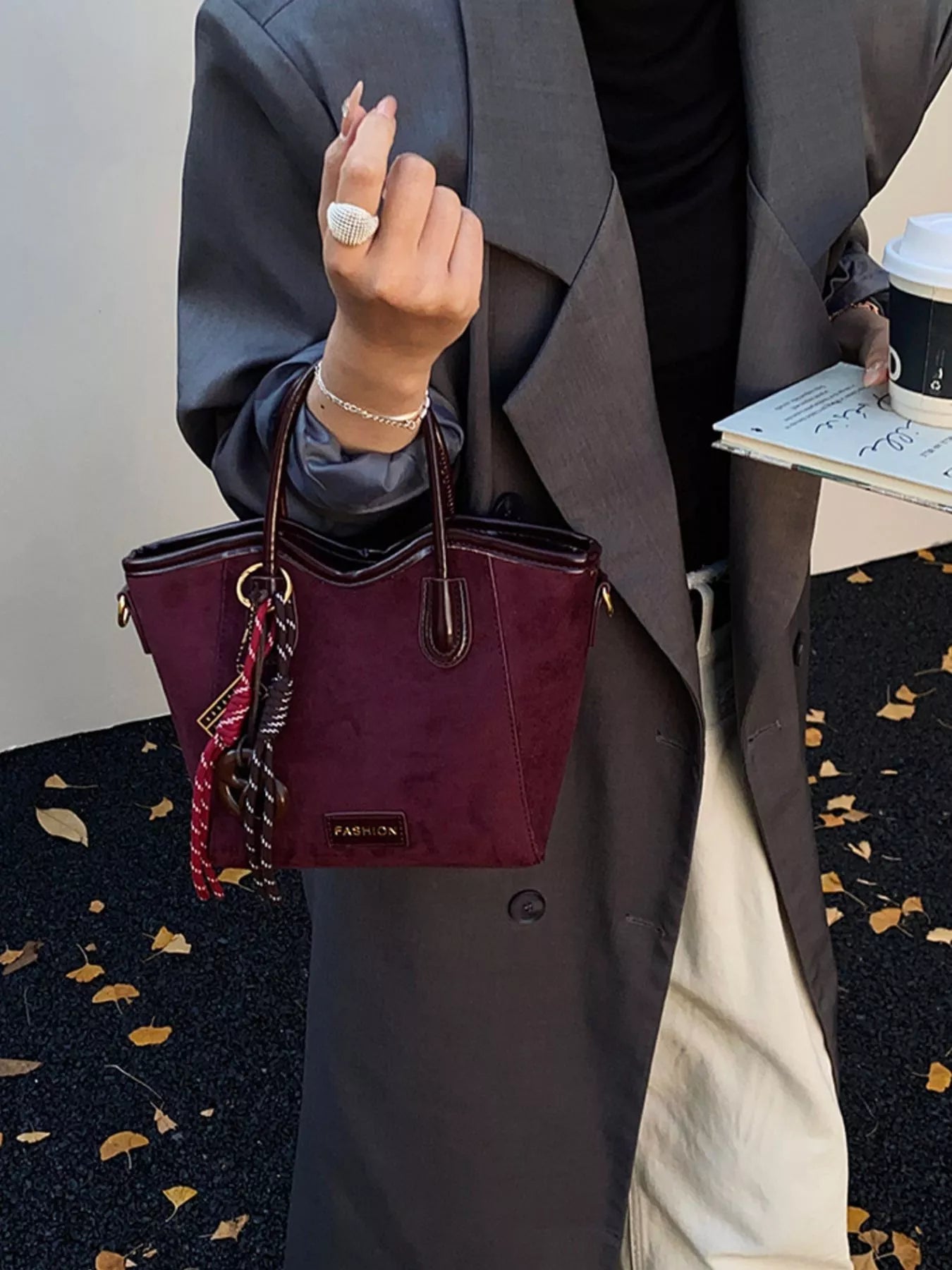 Suede Leather Strap Tote Bag