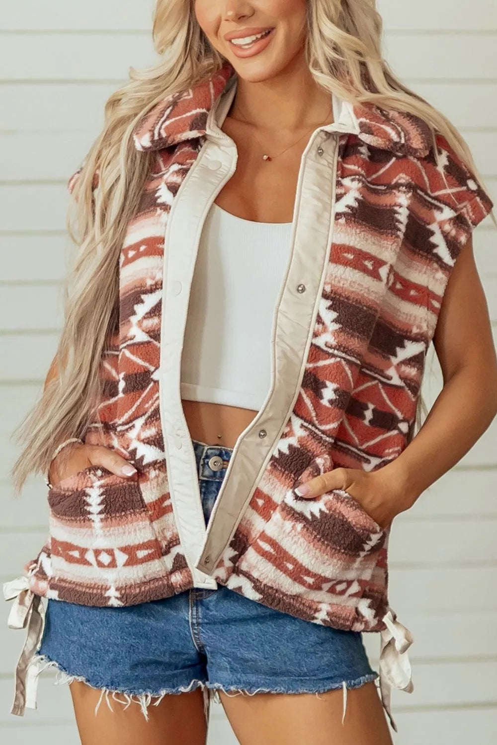 Geometric Print Fleece Metal Button Placket Shift Silhouette Vest