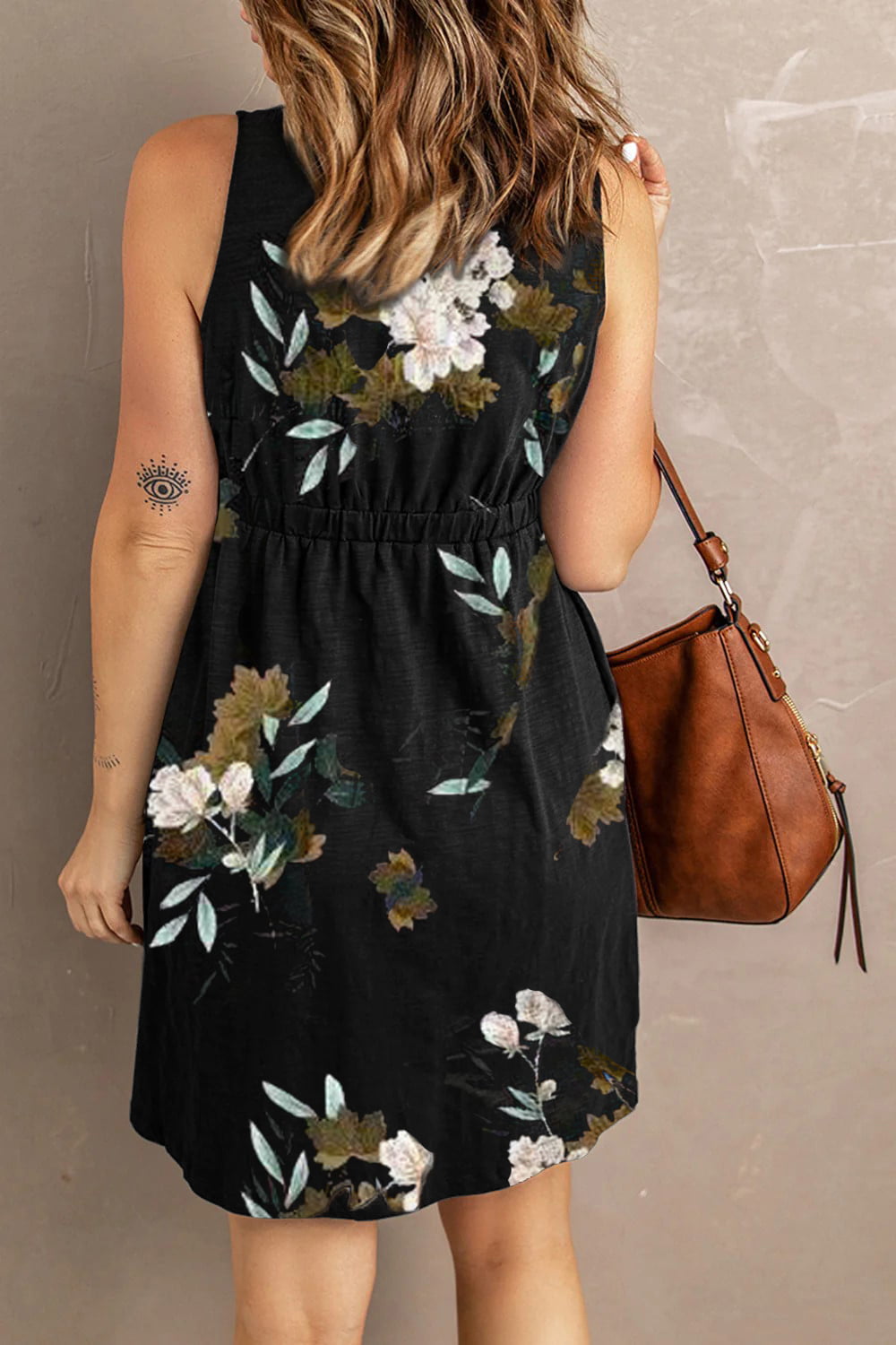 Double Take Printed Sleeveless Front Button Ruched Waist Side Slit Casual Magic Dress with Pockets