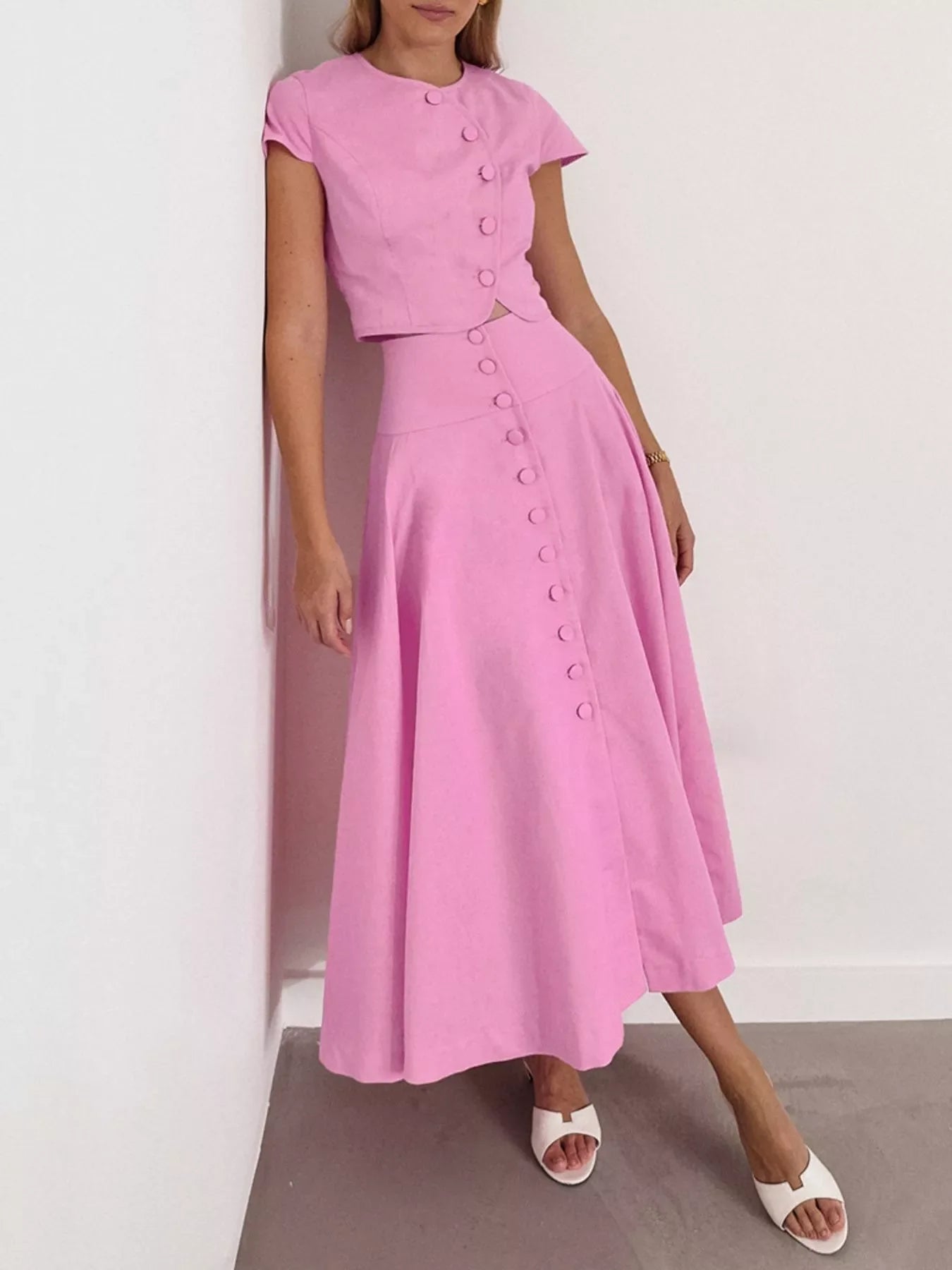 Cap Sleeve Button-Down Crop Top and Midi Skirt Set