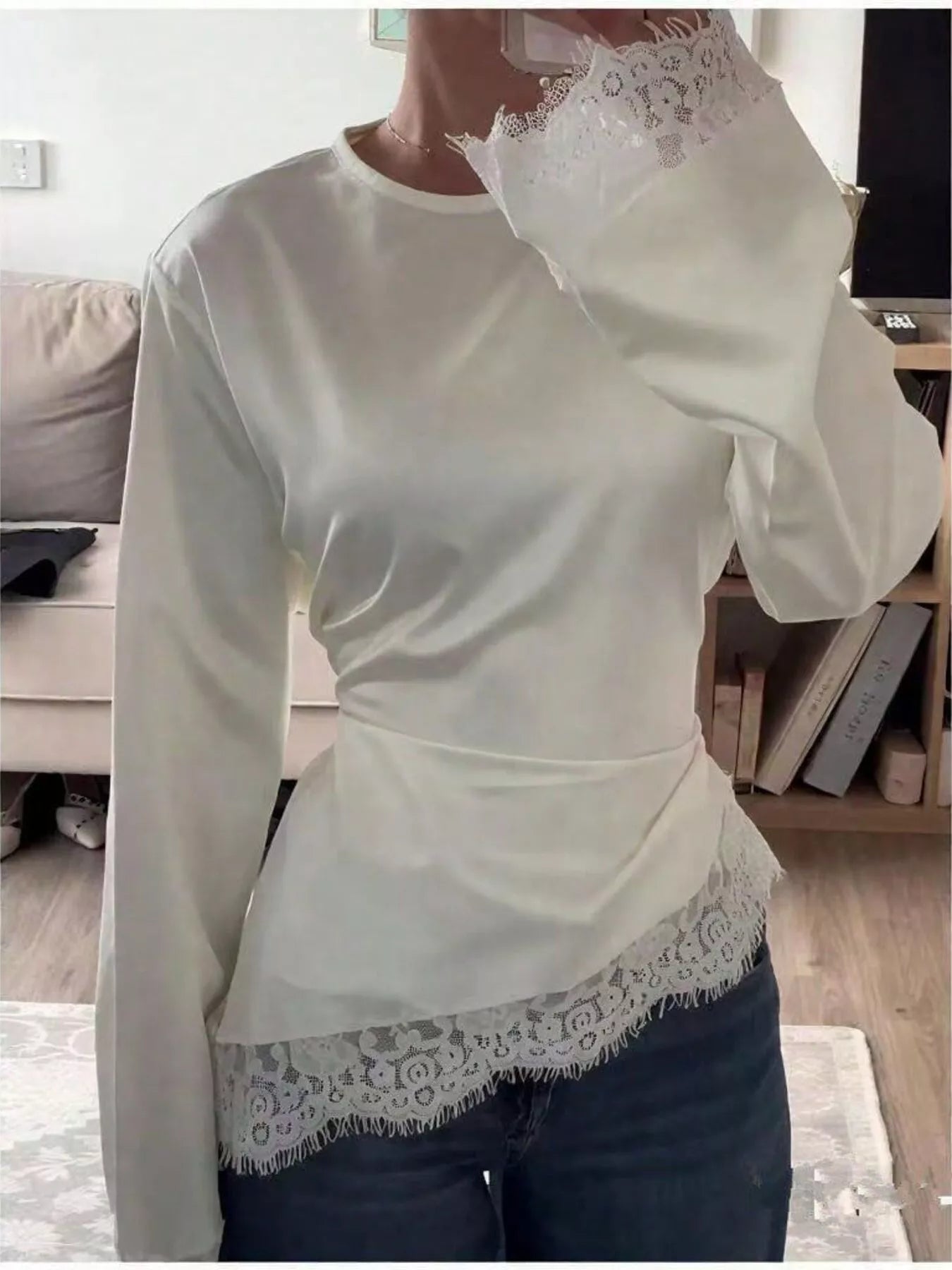 Satin Lace Trim Flare Sleeve Blouse