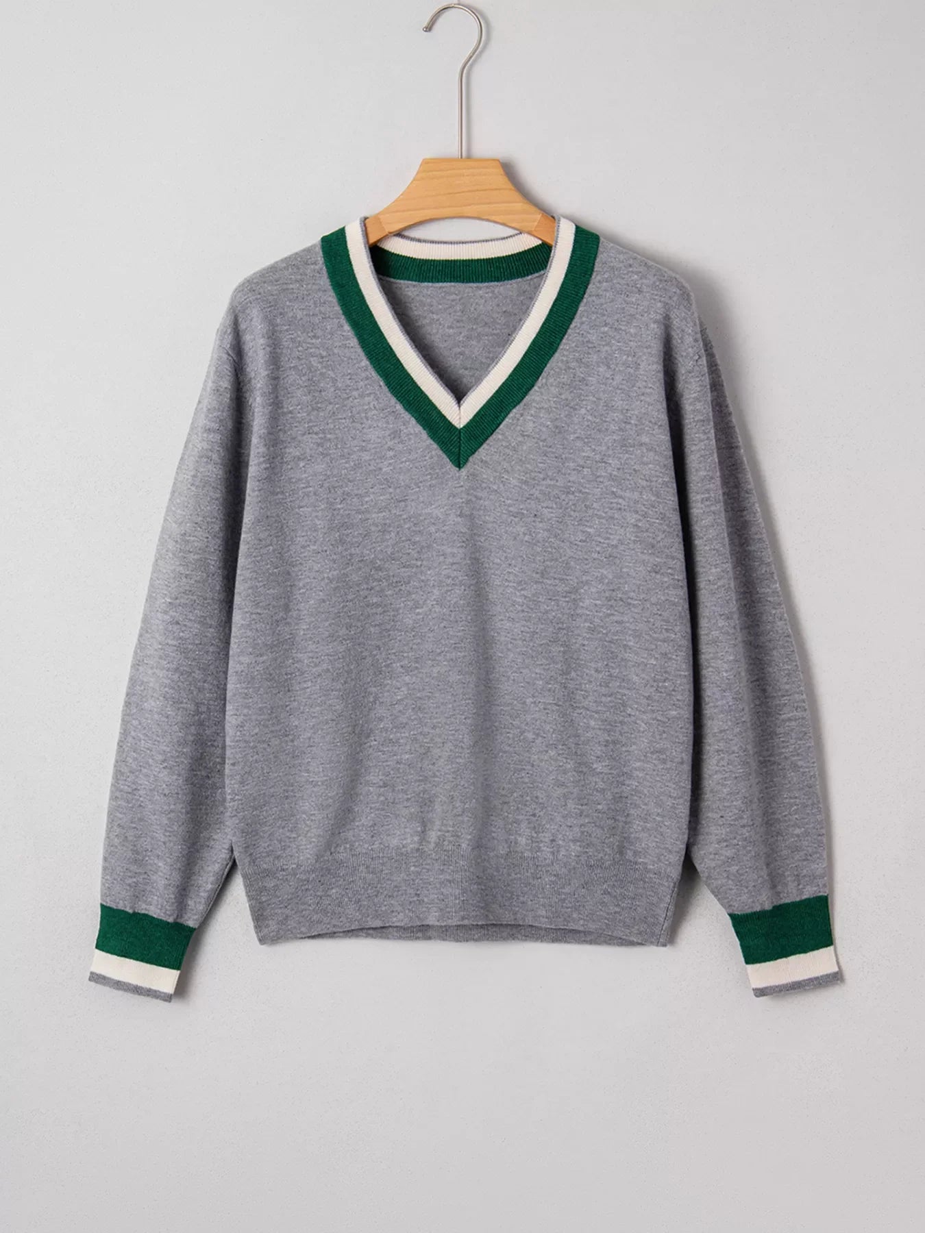 Contrast Striped Trim V Neck Varsity Sweater