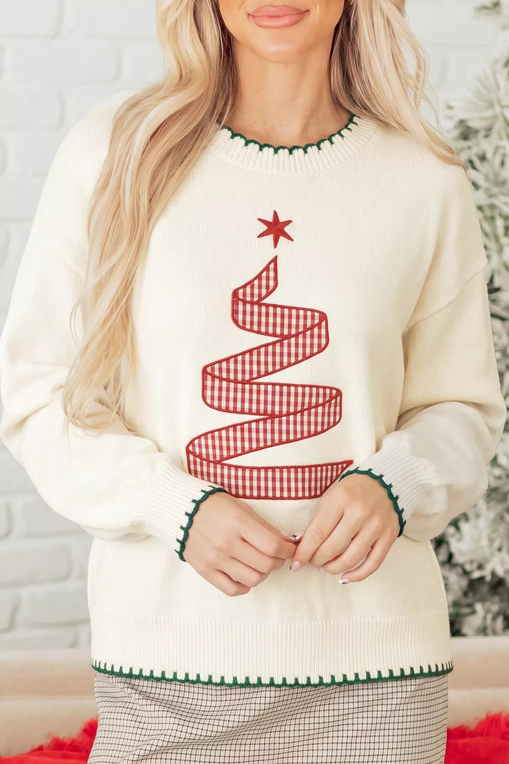 Stitched Detail Christmas Tree Holiday Casual Sweater