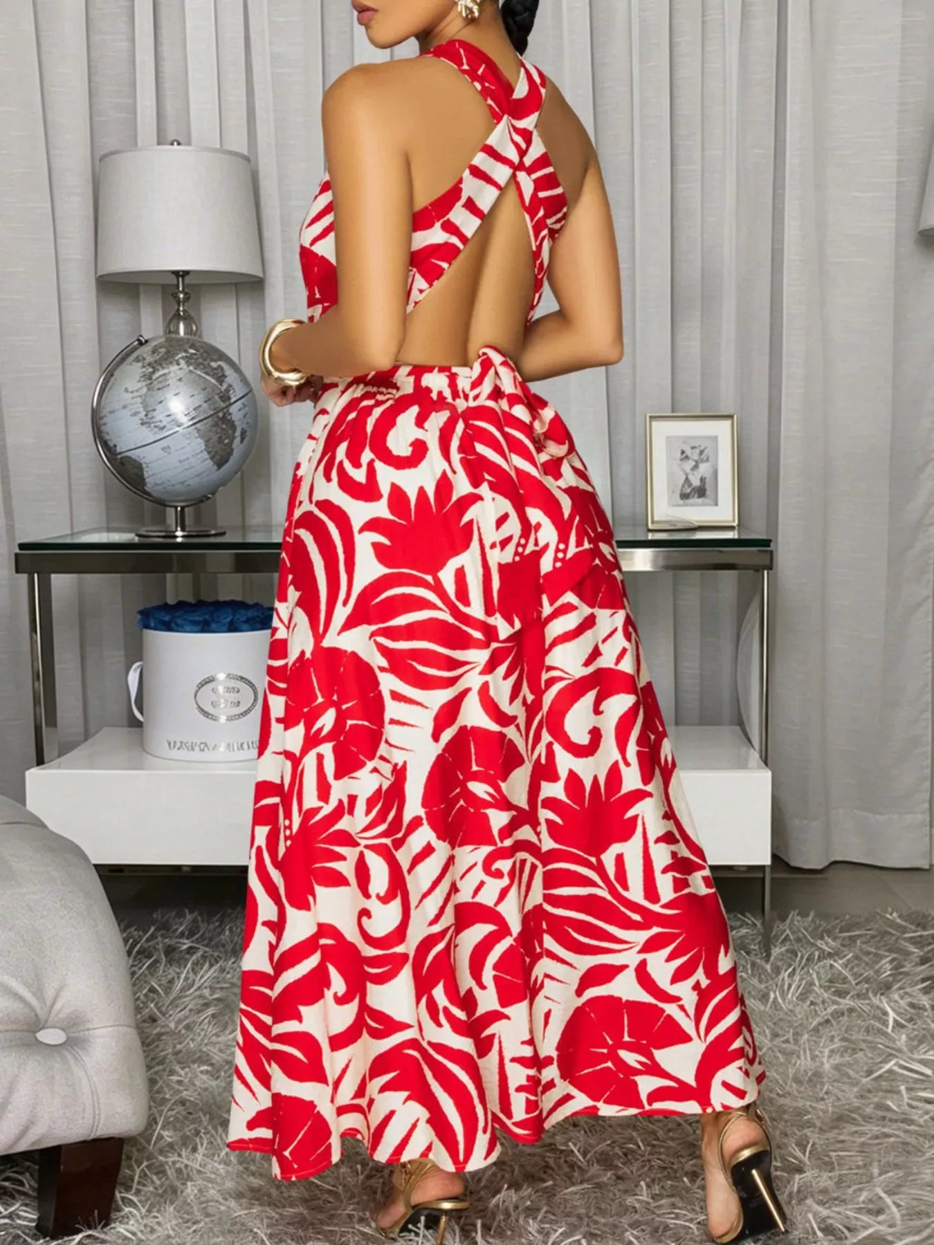 Backless Printed Sleeveless Maxi Dress