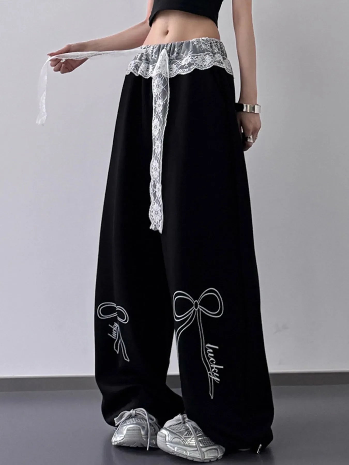Wide Leg Pants with Lace Belt Detail