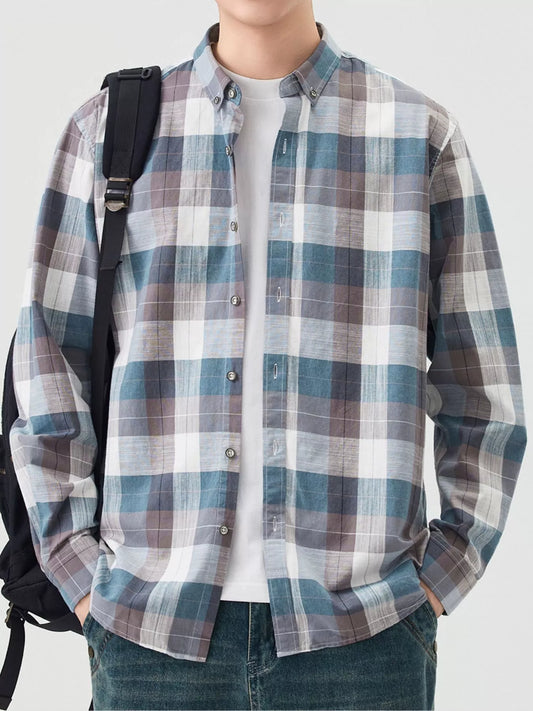 Men's Full Size Casual Plaid Long Sleeve Shirt Plus Size