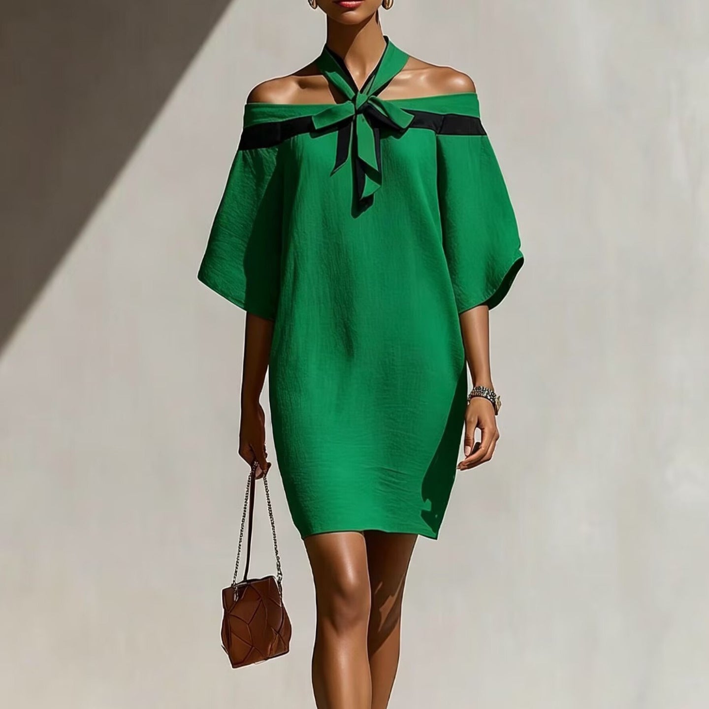 One Shoulder Bow Collar A-Line Dress – Short Sleeve Mini