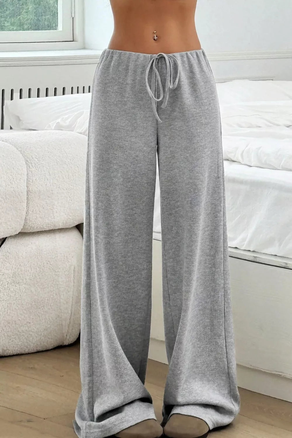 Ribbed Knit Drawstring Wide Leg Pants
