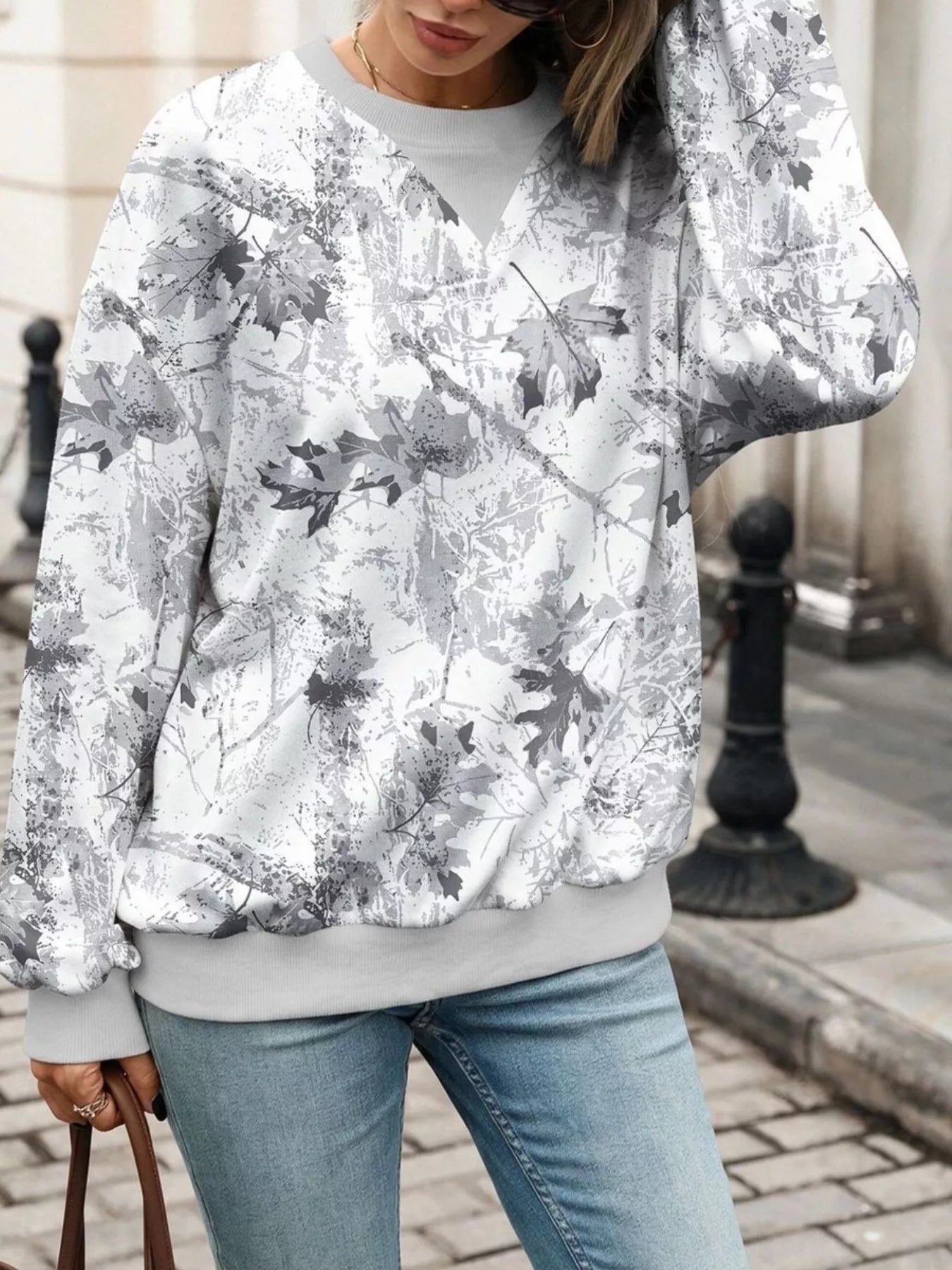 Leaf Print Sweatshirt with Contrasting Trim