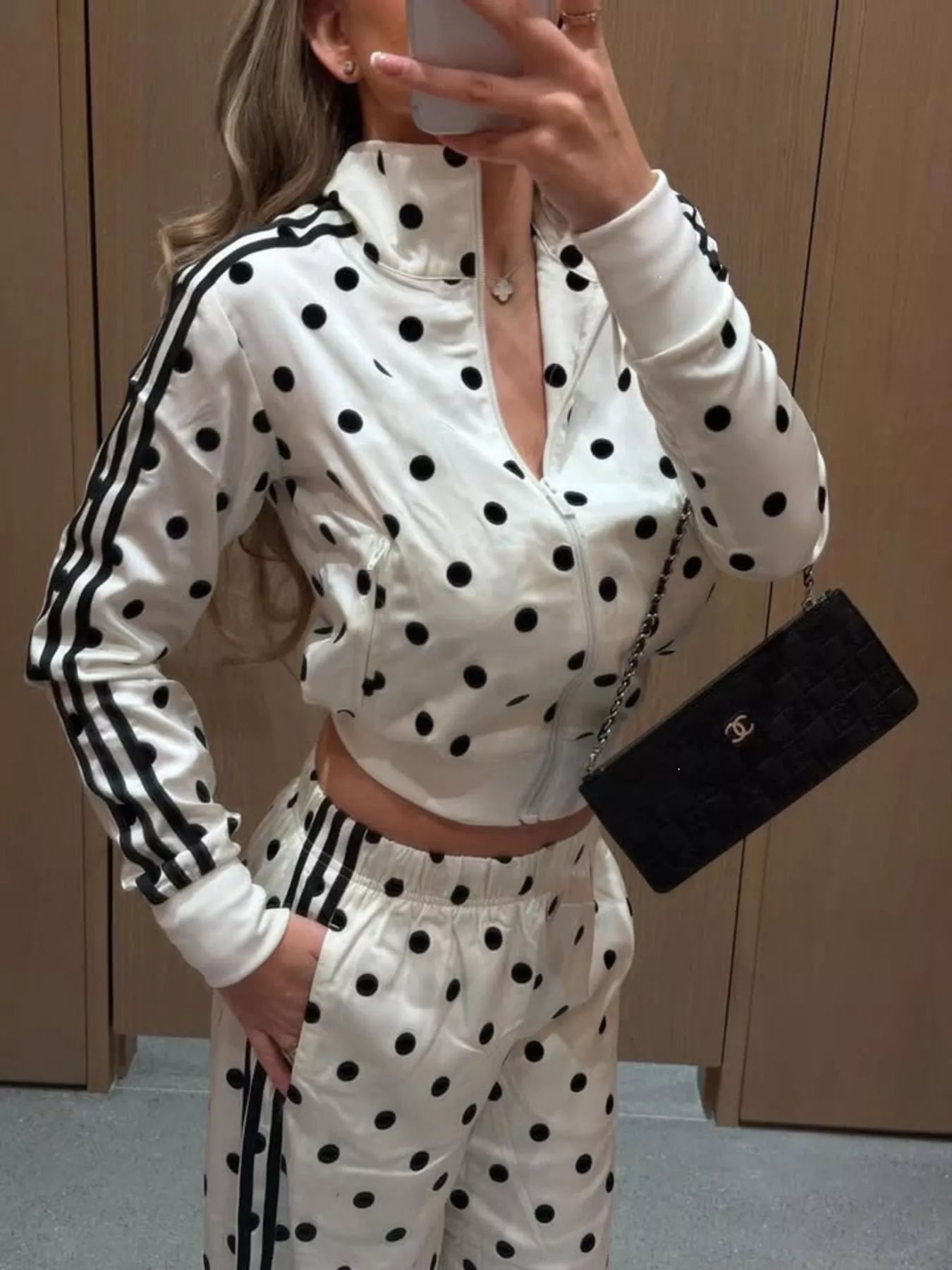 Polka Dot Zip Up Outerwear and Pants Set