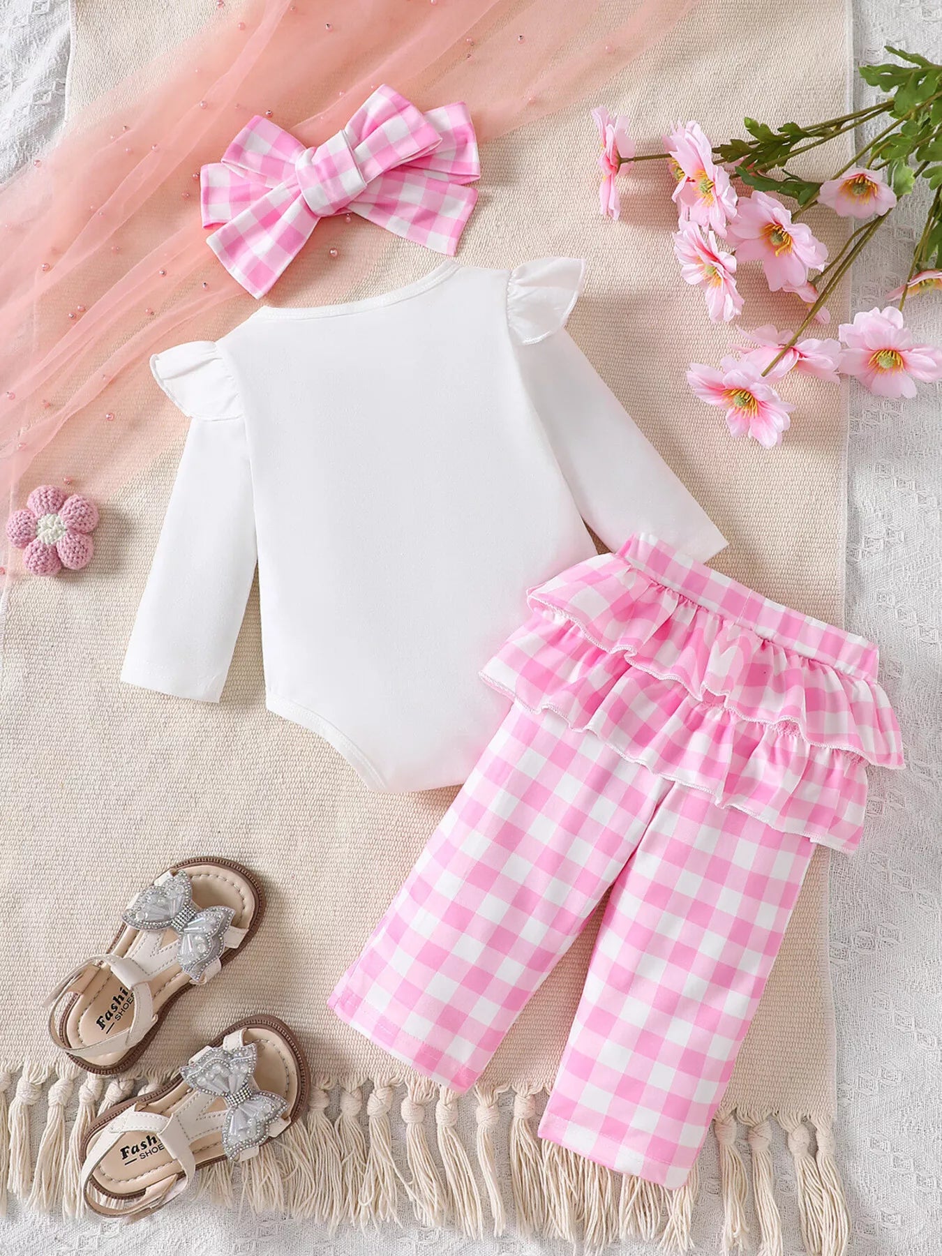 Children's Ruffled Bow Graphic Bodysuit and Pants Set with Headband