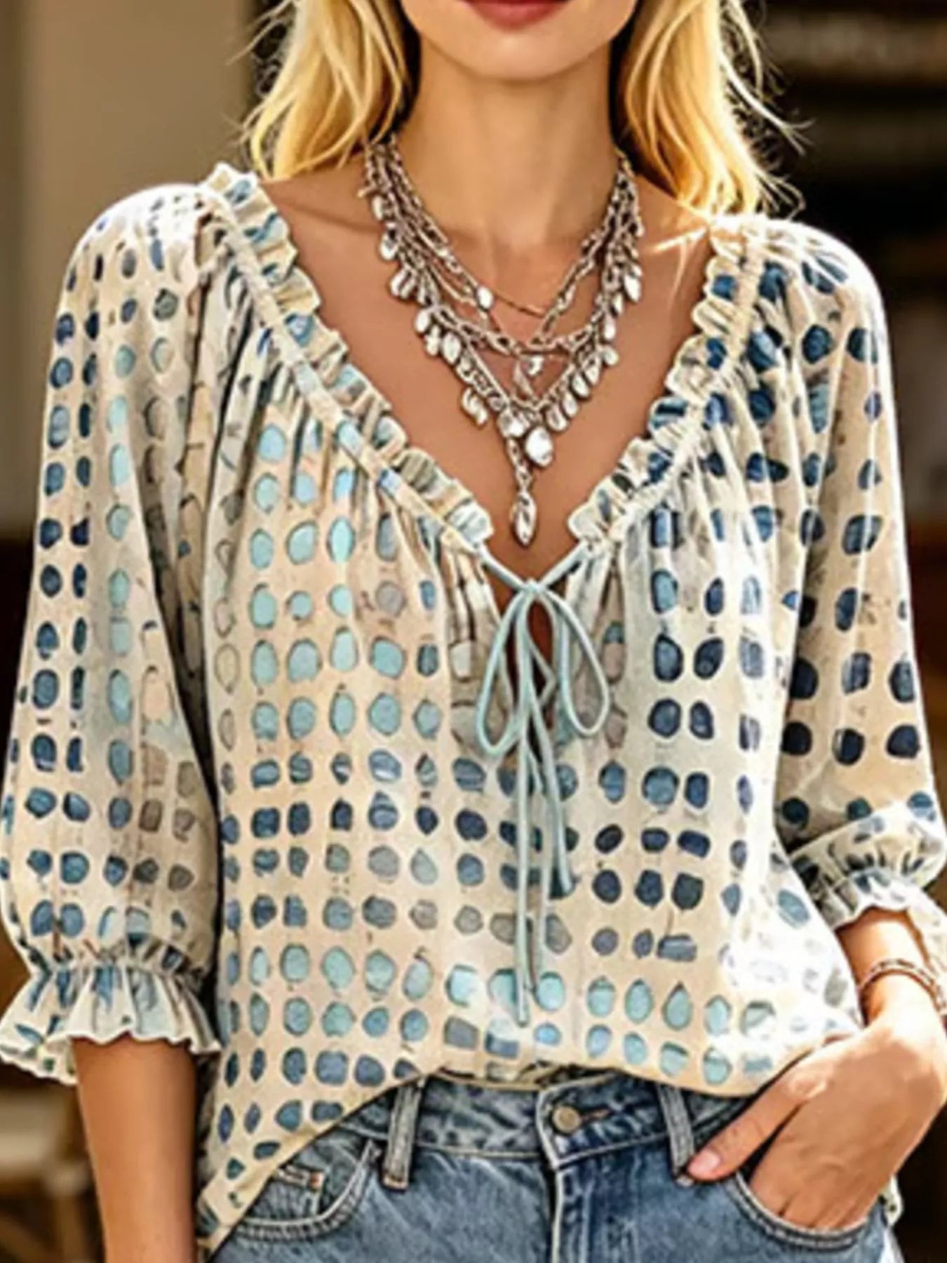 Full Size Tie Neck 3/4 Sleeve Blouse Plus Size