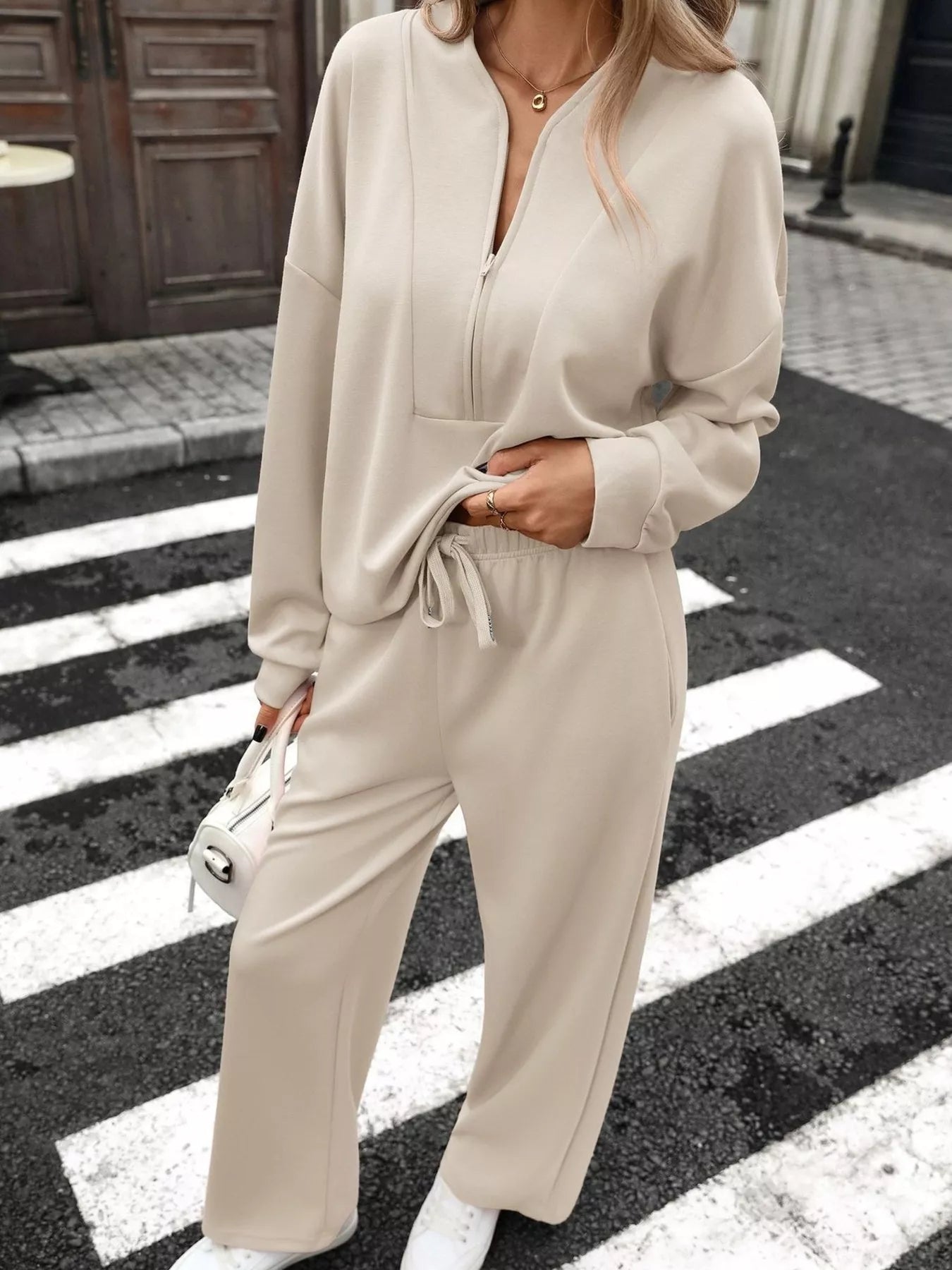 Half Zip Sweatshirt and Wide-Leg Pants Set