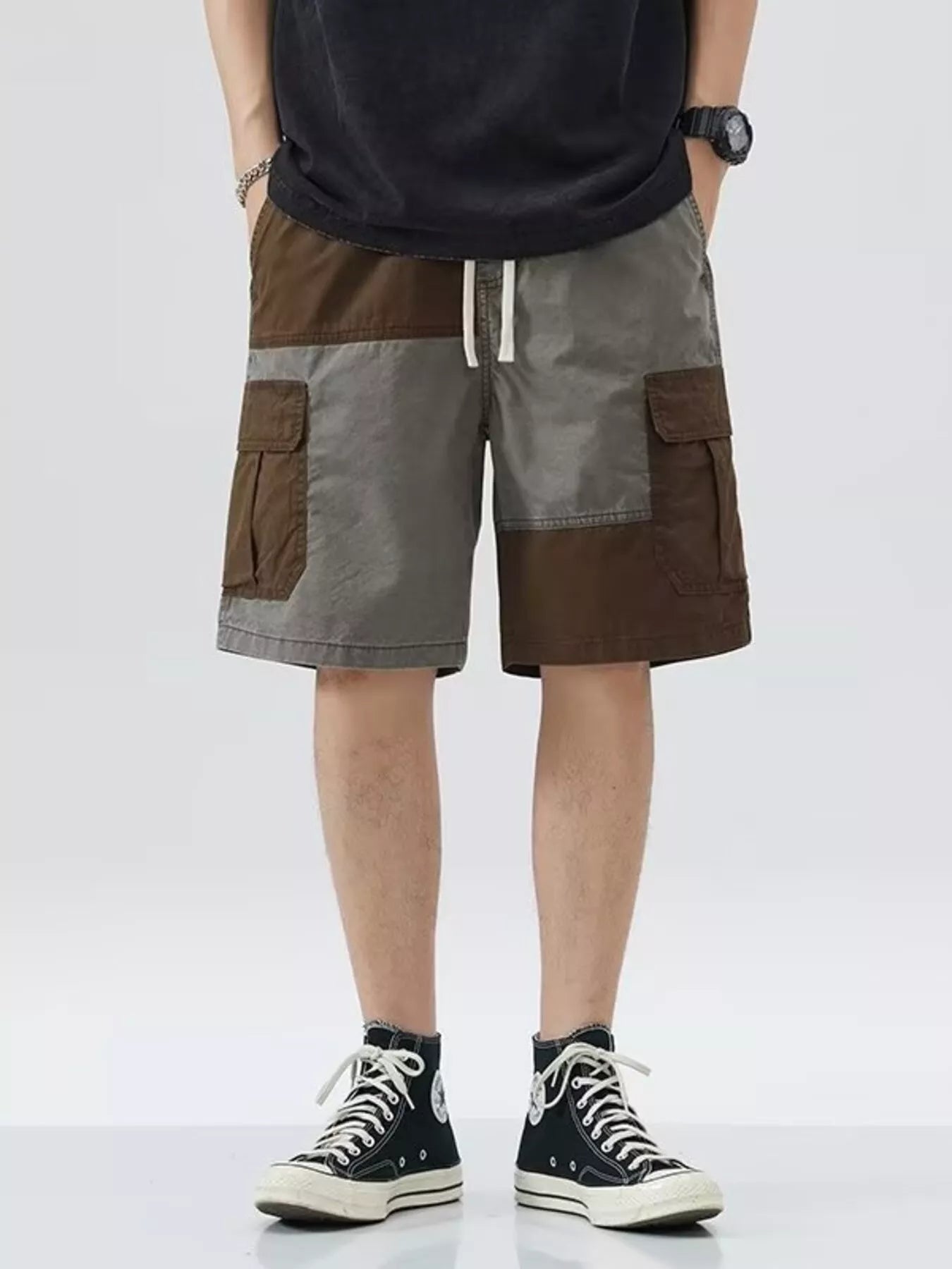 Men's Plus Size Two-Tone Cargo Shorts with Drawstring