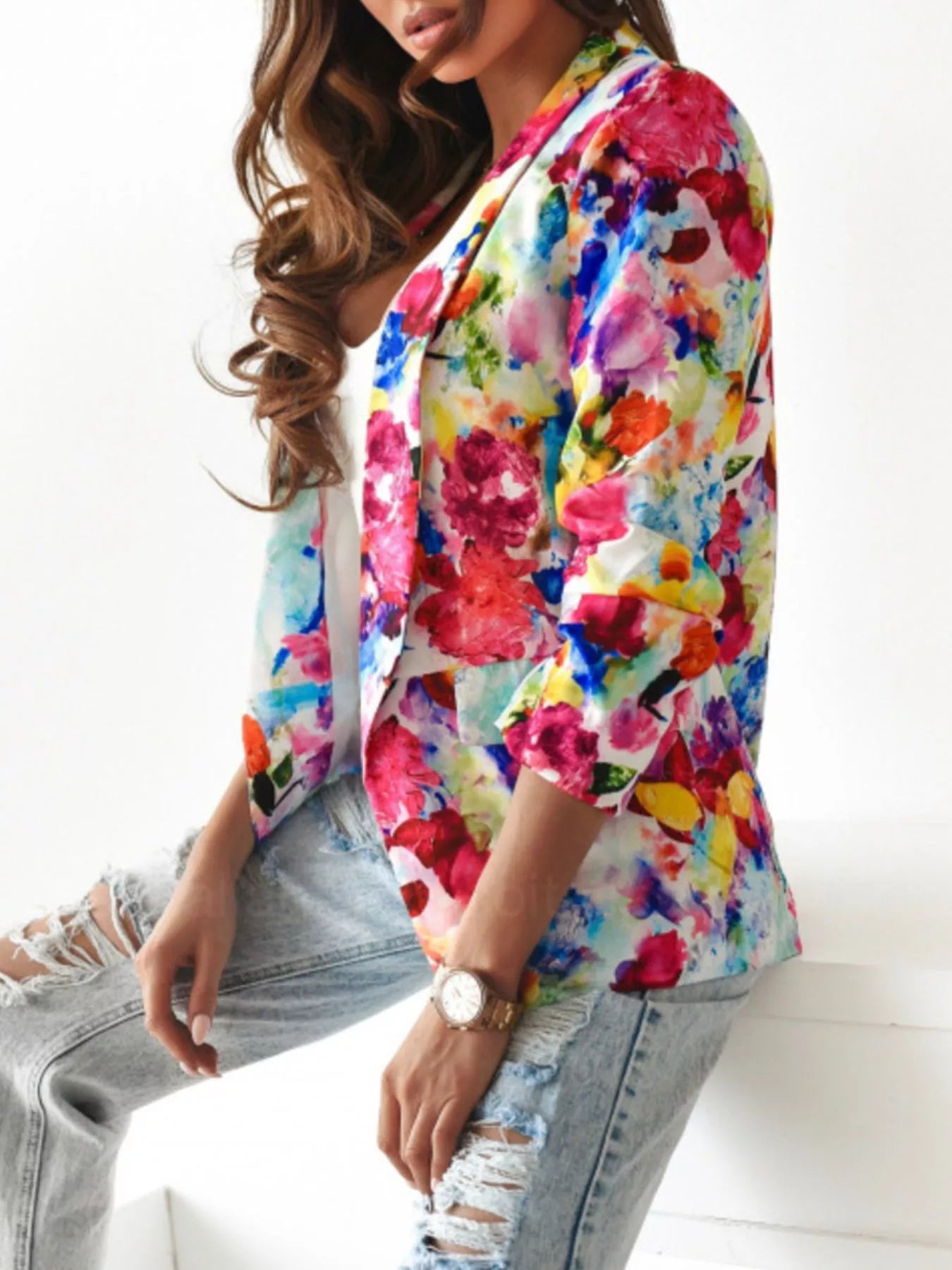 Vibrant Floral Print Open Front Blazer