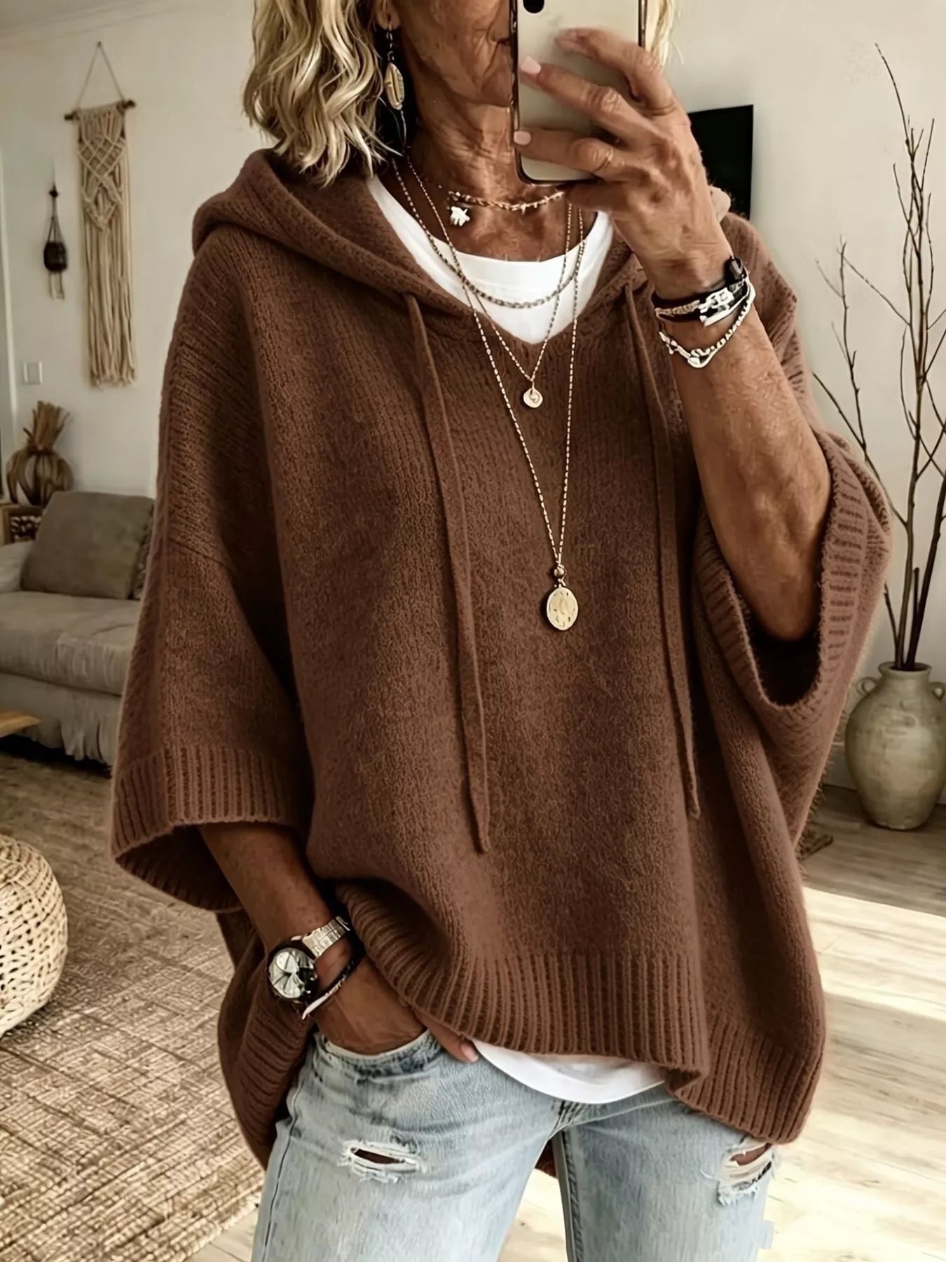 Full Size Casual Hooded Batwing Sleeve Knit Sweater Plus Size