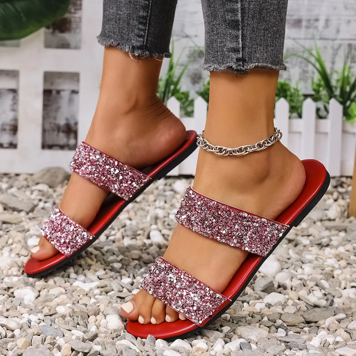 Sequin Open Toe Flats Sandals