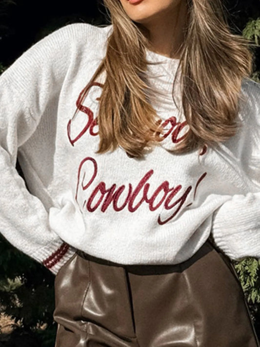 Letter Contrast Hem Round Neck Sweater