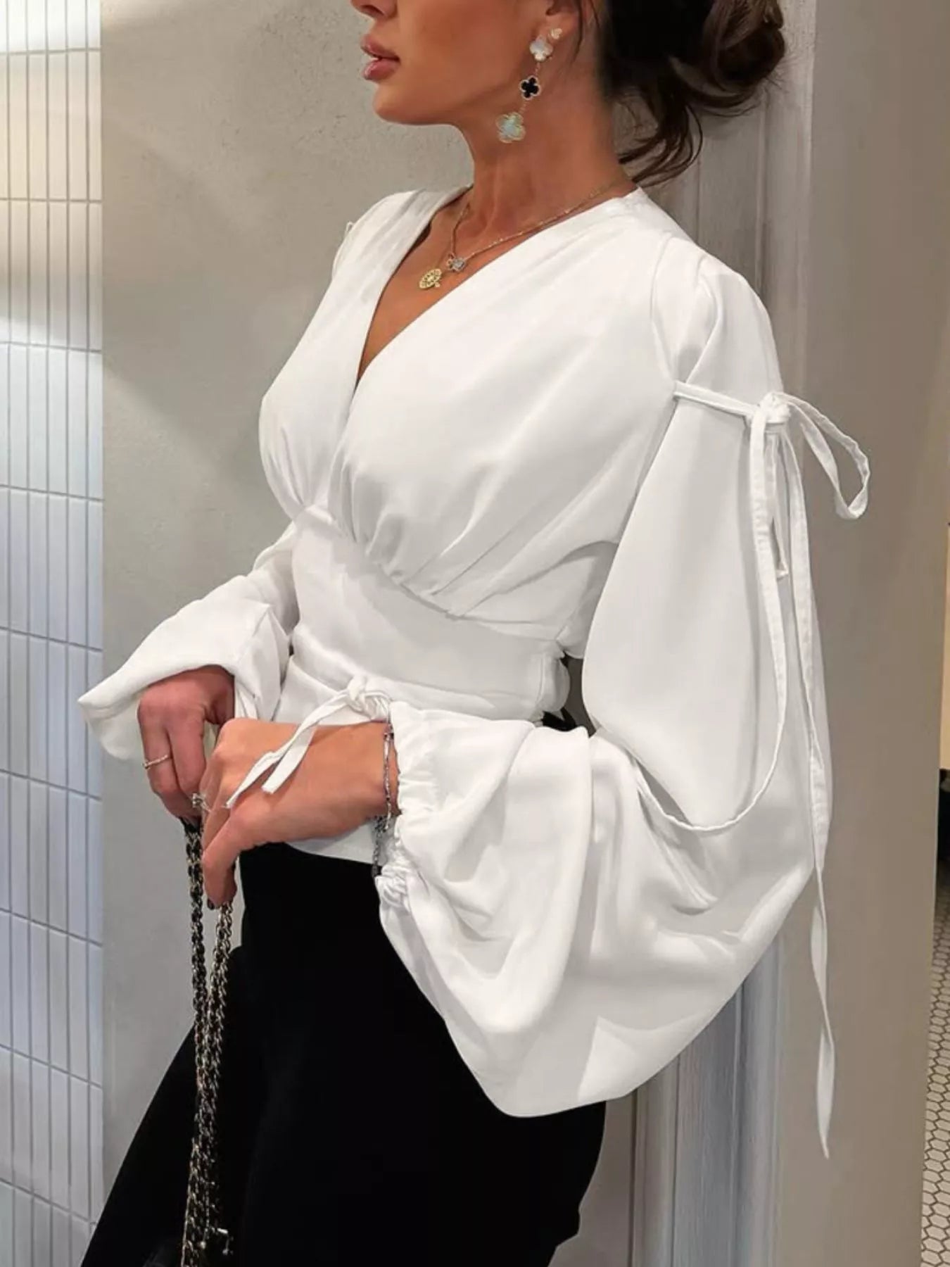 Tied V-Neck Balloon Sleeve Blouse