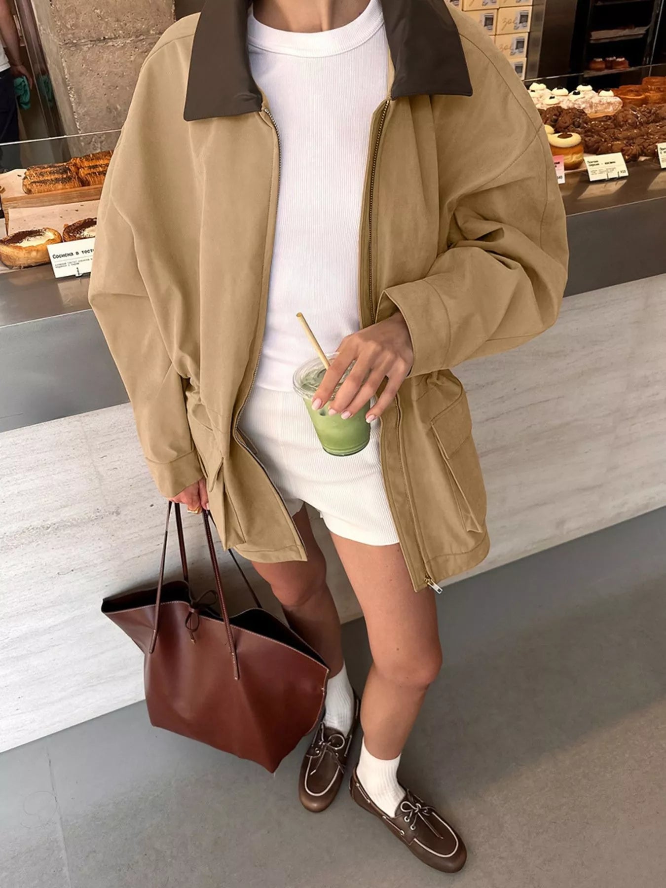 Oversized Contrast Collar Jacket with Drawstring Waist
