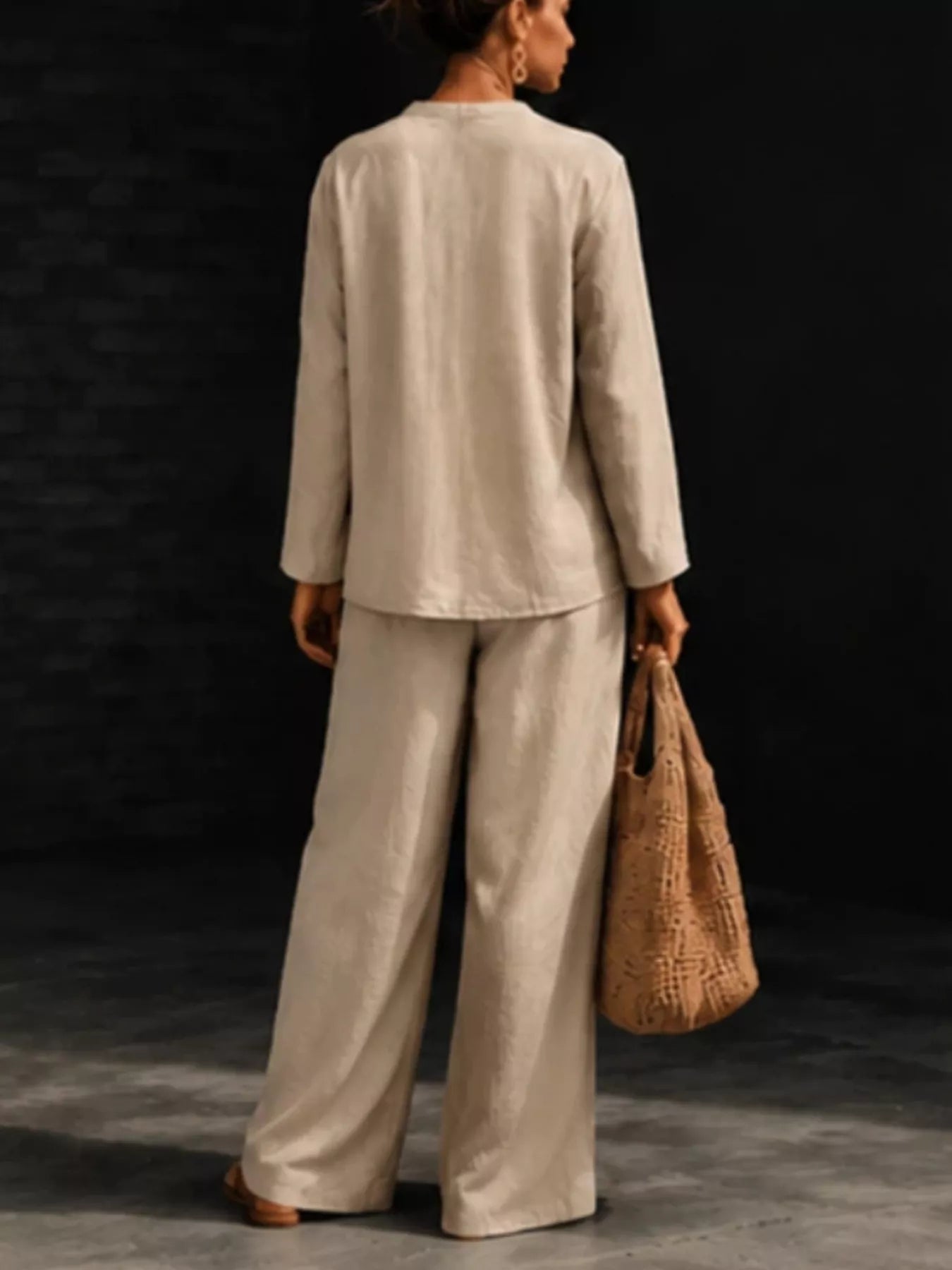 Notched Long Sleeve Top and Pants Set