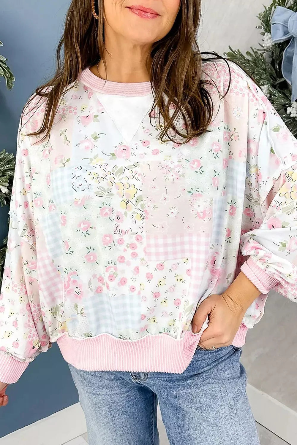 Twisted Ribbed Trim Floral Print Patchwork Long Sleeve Top