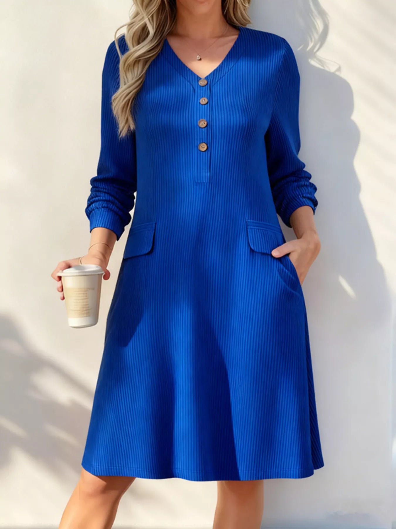Full Size Ribbed Knit V-Neck Dress Plus Size