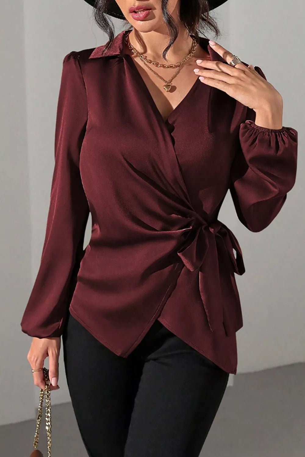 Satin Tied Detail Long Sleeve Blouse