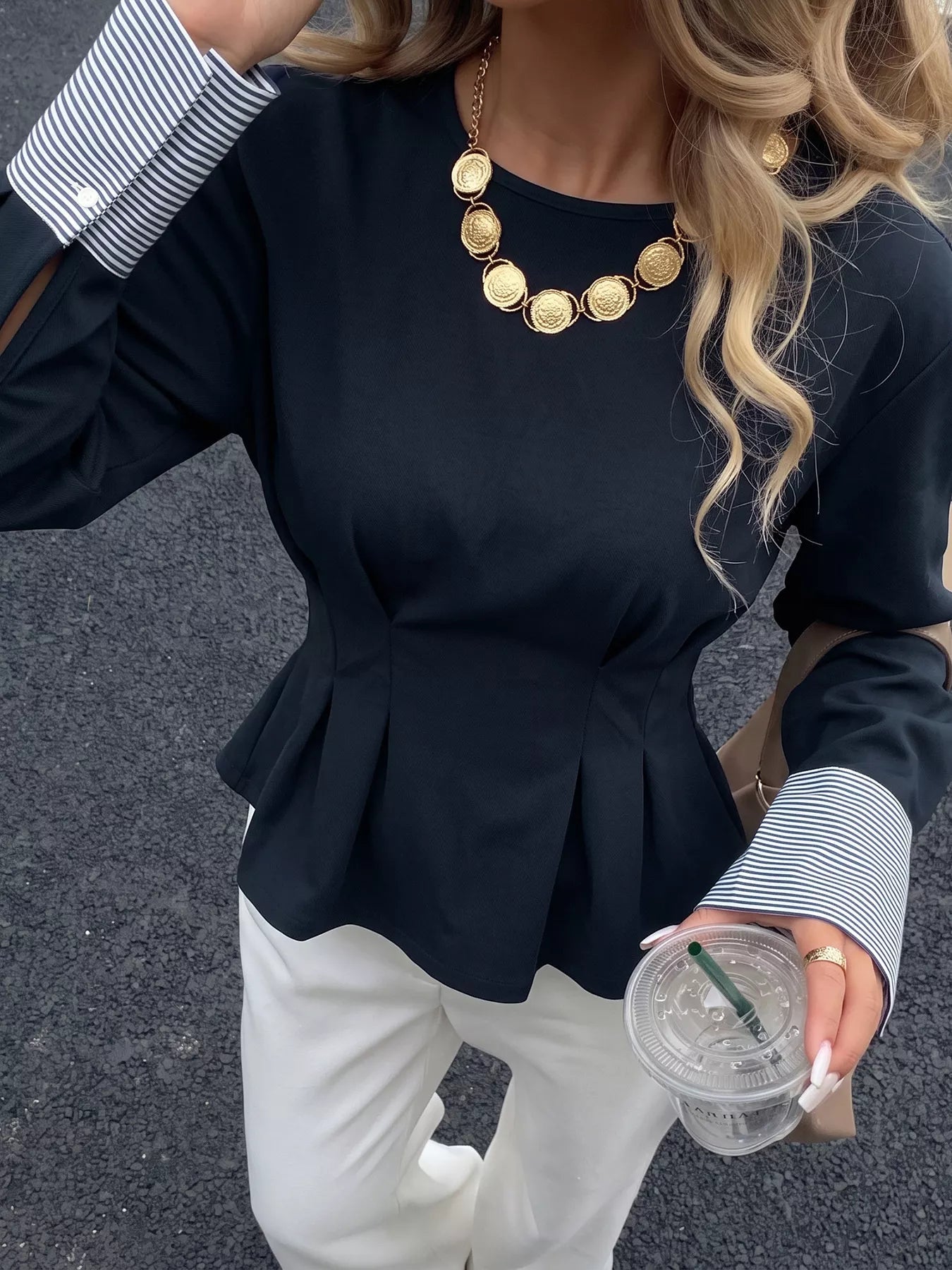 Round Neck Peplum Top with Striped Cuffs