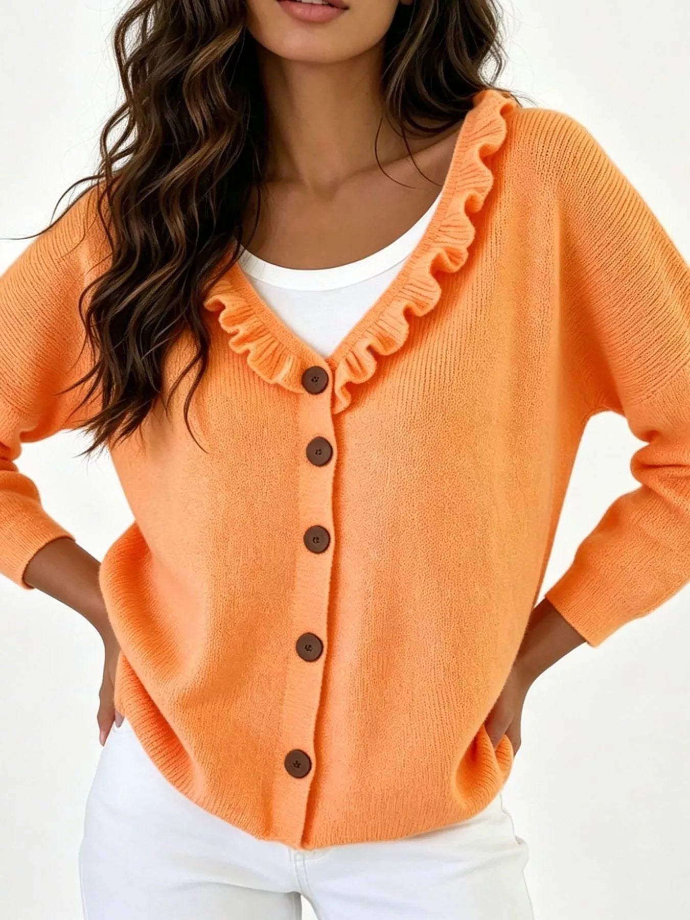 Ruffled Neckline Button-Up Cardigan