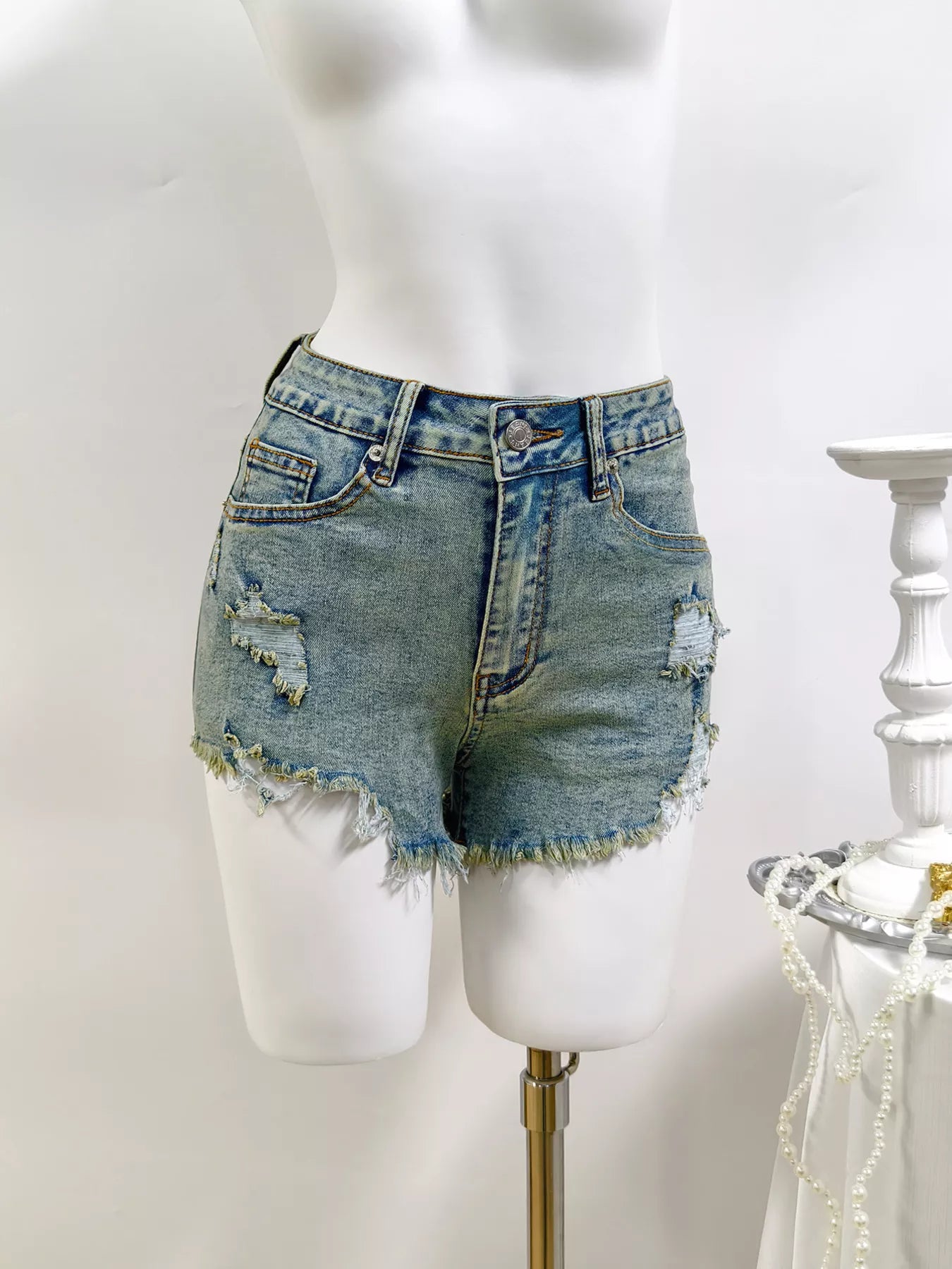 High-Waisted Distressed Raw Hem Denim Shorts
