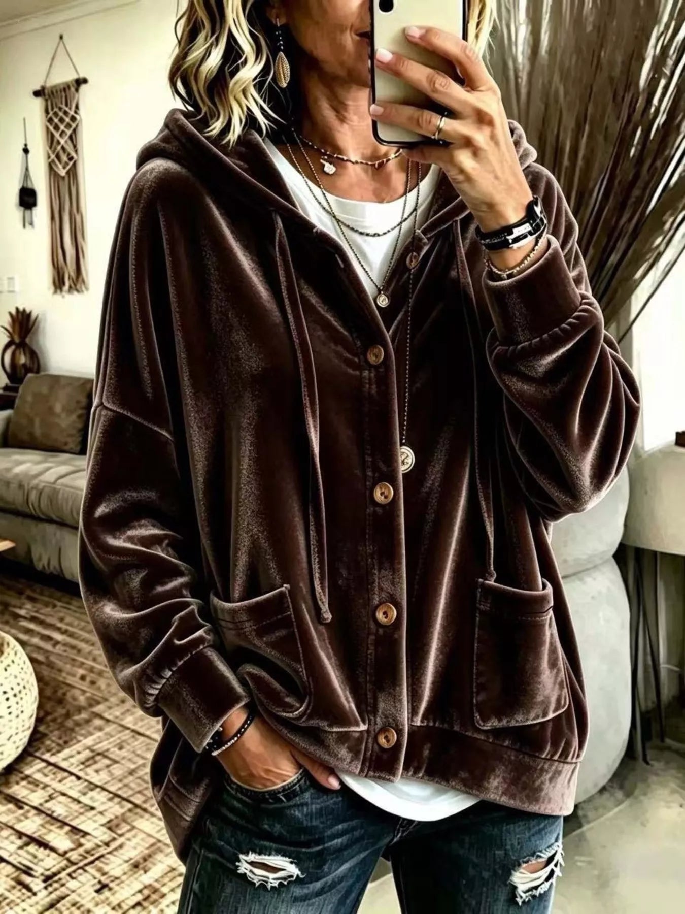 Full Size Casual Button-Down Hooded Outerwear Plus Size