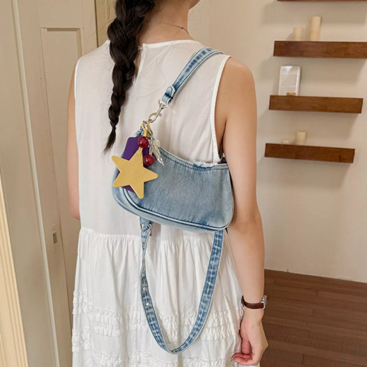 Star Charm Denim Shoulder Bag
