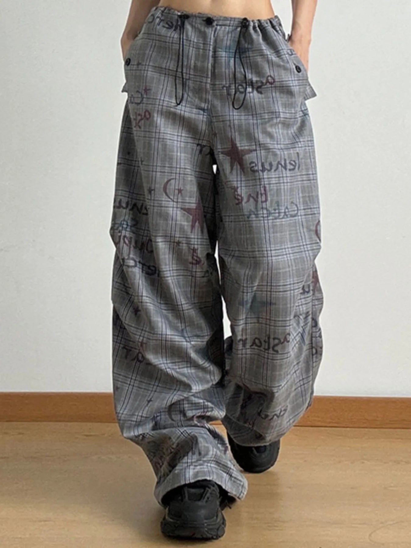 Drawstring Plaid Wide Leg Pants