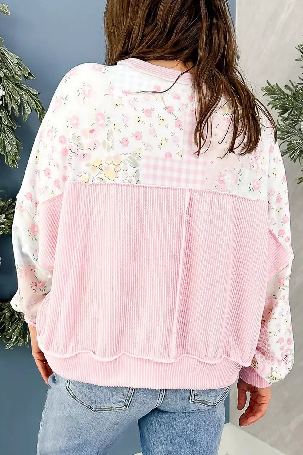 Twisted Ribbed Trim Floral Print Patchwork Long Sleeve Top